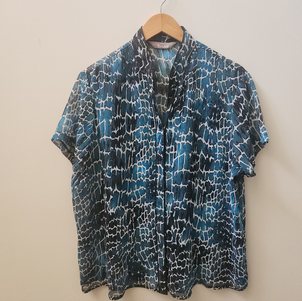 TanJay Sheer Button Up Blouse Blue Abstract Print Lined Front Mall Era